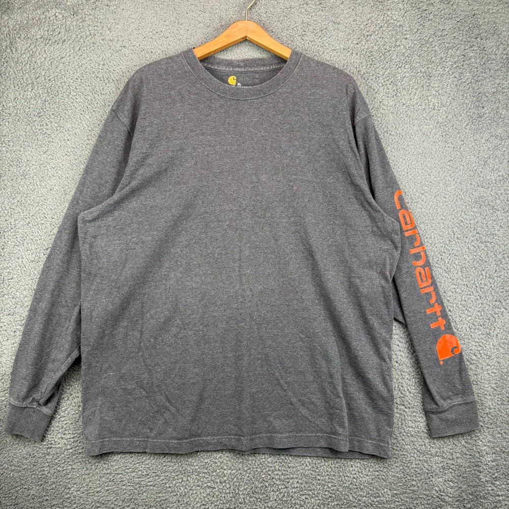 Carhartt Mens XL Long Sleeve Graphic T-Shirt Charcoal Gray Orange Logo Sleeve